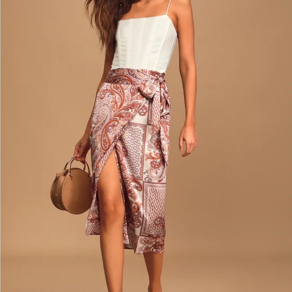 Take A Walk With Me Rust Paisley Print Satin Wrap Midi Skirt